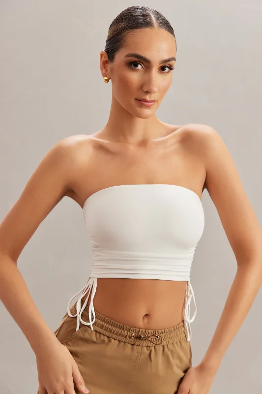 Relaxed Style Ruched Bandeau Crop Top in Ivory