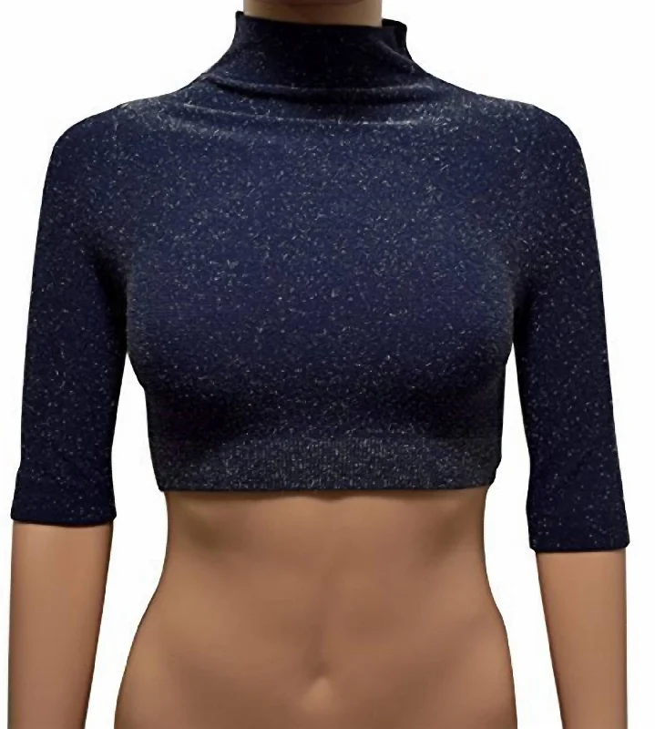 Women's Occasion Wear Apparel Women Mock Neck Glitter Crop Top In Navy