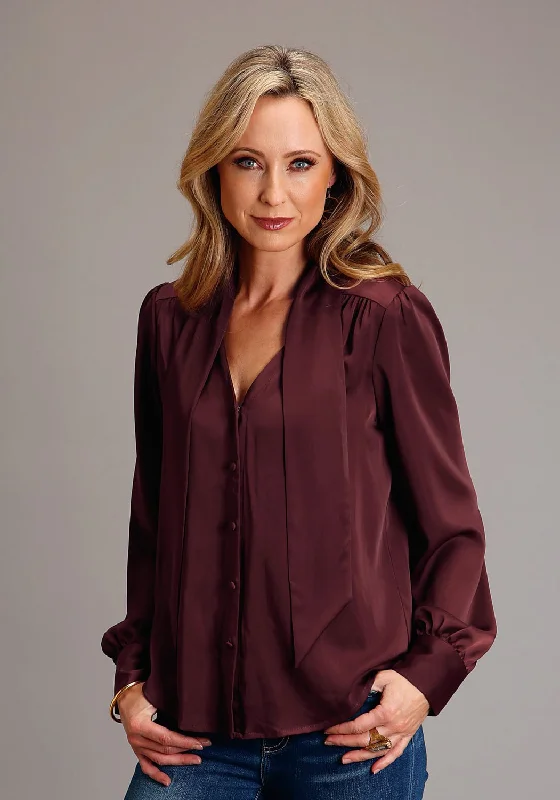 Casual Women's Clothing Online Stetson Womens V-Neck Satin Wine Poly/Rayon L/S Blouse