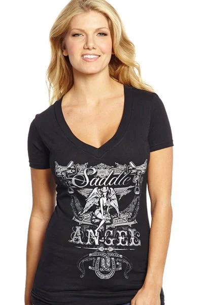 High Street Women's Fashion for Trendy Shoppers Cowgirl Up Womens Black Cotton S/S T-Shirt Saddle Angel V-Neck