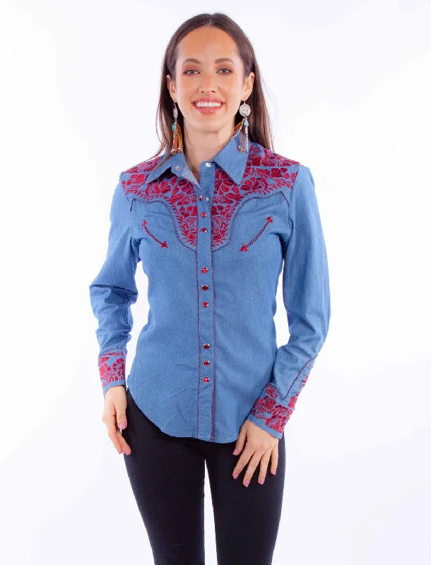 Women's Vintage Attire Scully Womens Embroidered Floral Blue/Cranberry Poly/Rayon L/S Shirt