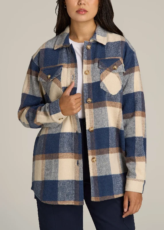 New Arrival Discounts Flannel Women's Tall Shacket in Cream and Denim Blue Paid