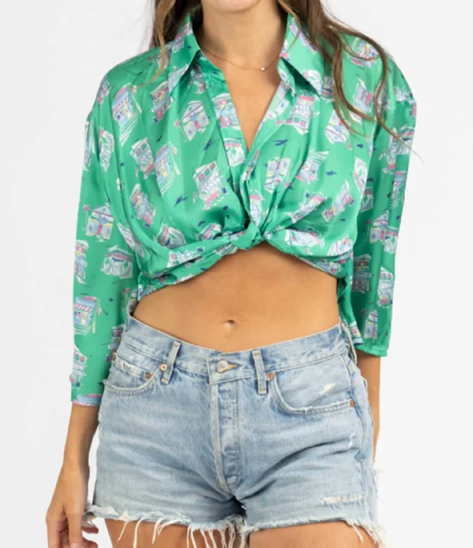 Women's Chic Outfit Front Twist Crop Top In Green Patterned