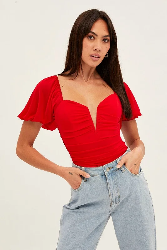 Women's Athletic Outfit Red Bodysuit Short Sleeve V Notched Front Mesh Jersey
