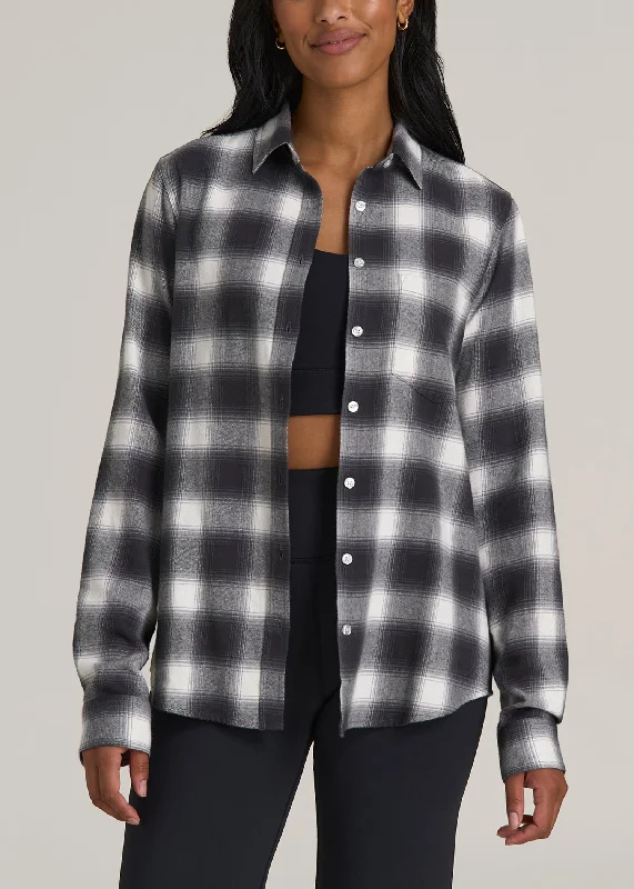 Current Trends Flannel Button-Up Shirt for Tall Women in Grey and White Plaid