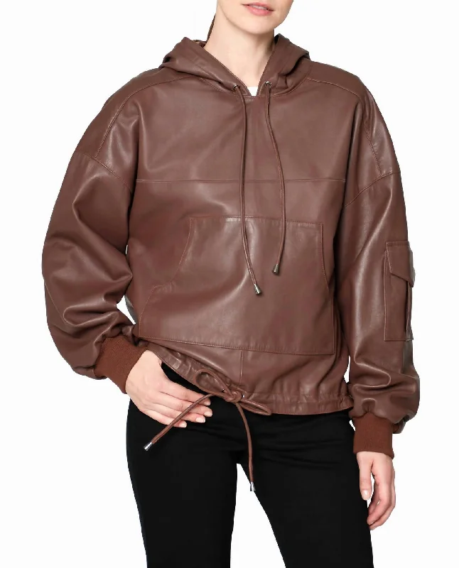 Minimalist Women's Fashion Clothing Leather Space Hoodie In Brown