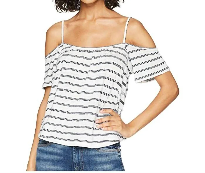 Holiday Special Offers Keagan Striped Linen Blend Cold Shoulder Tank Top In White/navy