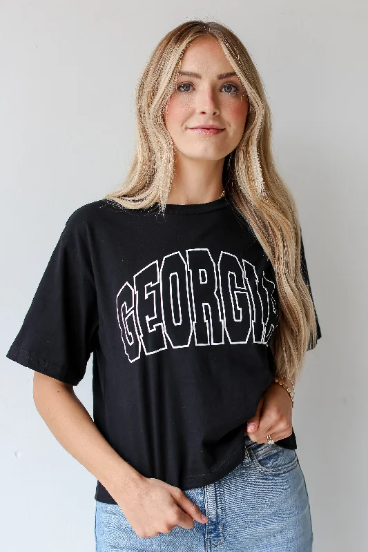 Women's Chic Outerwear Attire Black Georgia Block Letter Cropped Tee
