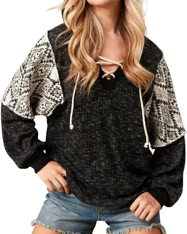 Flash Discount Lace Up Hoodie With Aztec Sleeves In Black
