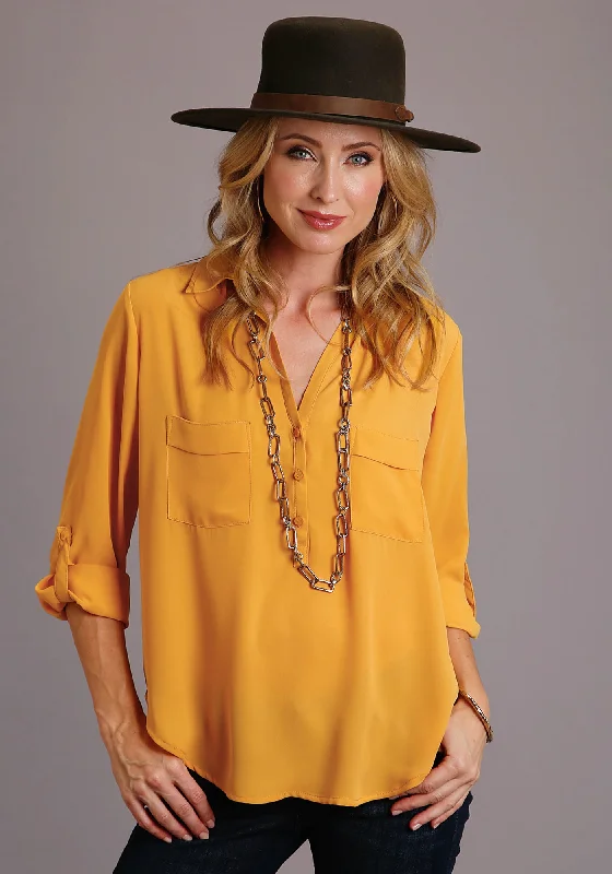 Women's Fashion Essentials Stetson Womens Gold Polyester Open V-Collar S/S Blouse