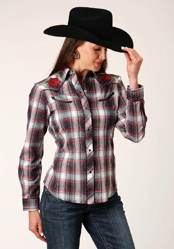 Workwear Fashion for Women Roper Womens Rose Plaid Red Cotton Blend L/S Shirt