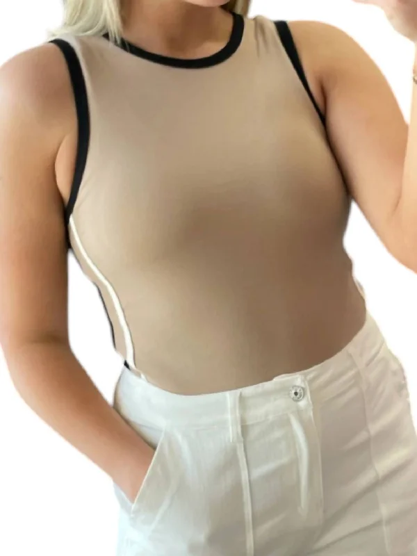 Women's Clothes And Garments Line Detail Round Neck Bodysuit In Taupe