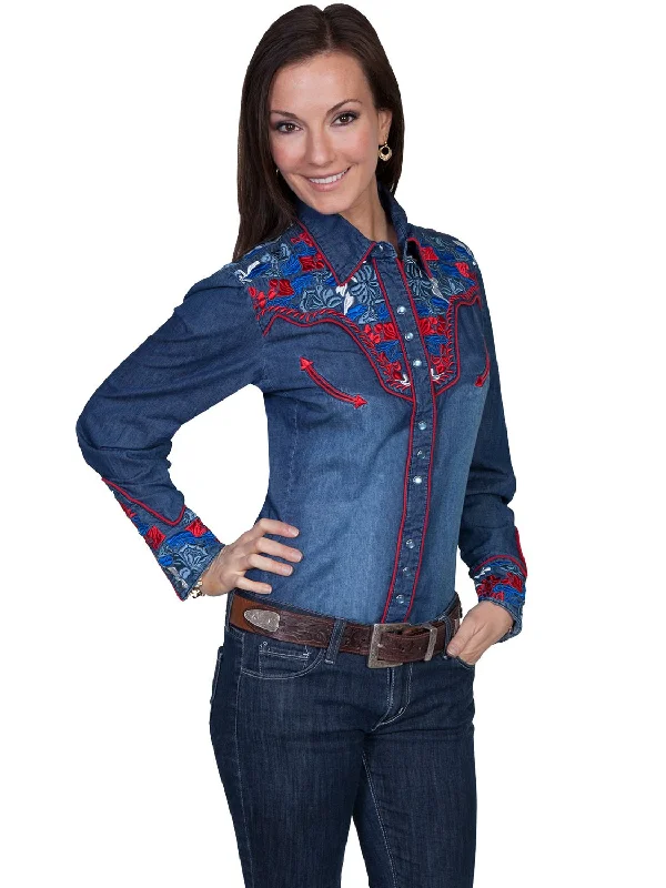 Women's Work Outfit Scully Western Womens Denim Polyester L/S Multi-Floral Western Shirt