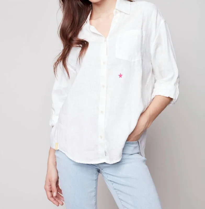 Boho Chic Fashion Button-Down Tunic Blouse In White