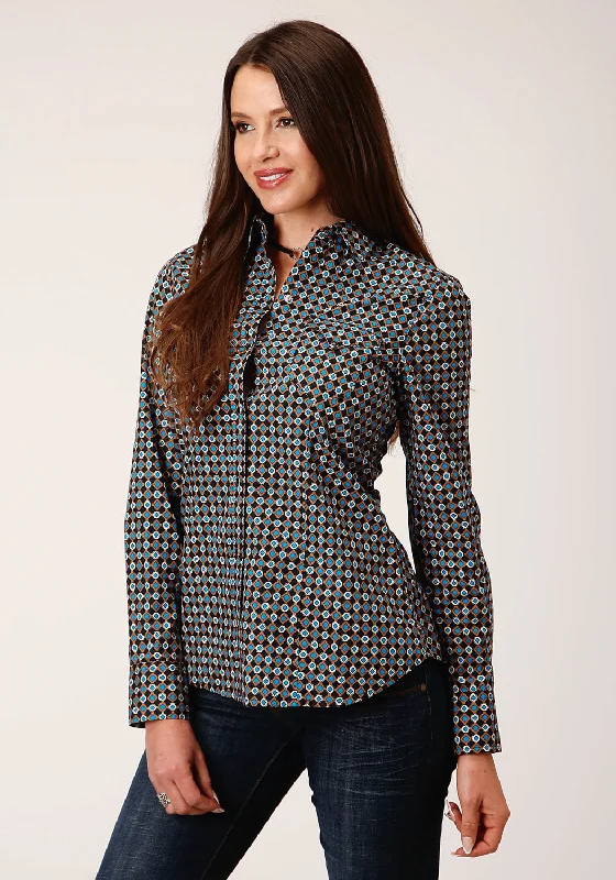 Stylish Everyday Clothing Roper Womens Aztec Medallions Black 100% Cotton L/S Shirt