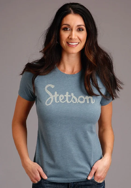 Women's Fashion Clothing Stetson Womens Slate Blue Cotton Blend Vintage Screenprint S/S T-Shirt