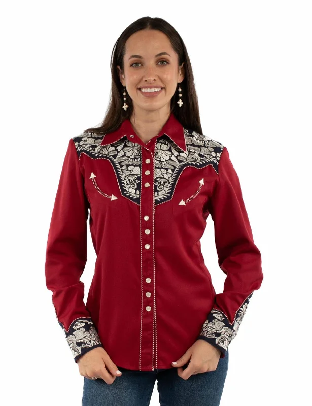 Women's Work Outfit Scully Womens Floral Yoke Embroidery Red/White/Blue Poly/Rayon L/S Shirt