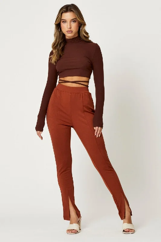 Women's Apparel Brown High Rise Leggings Front Split