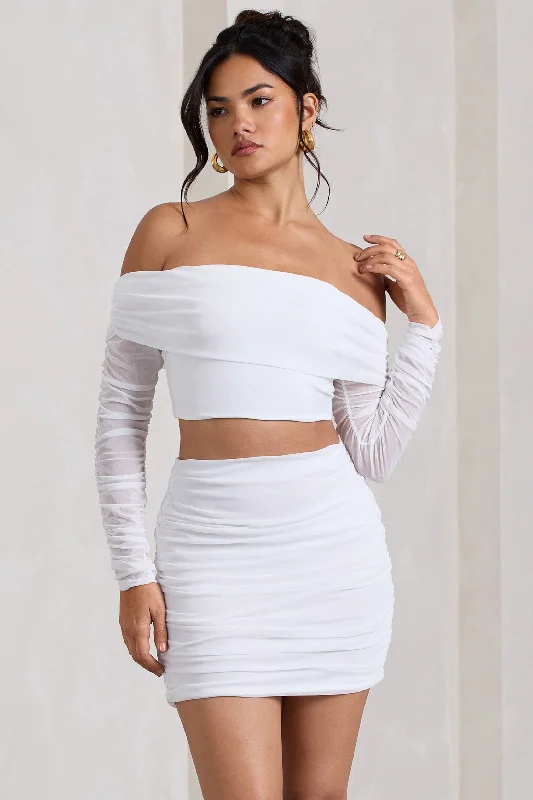 Women's Comfy Attire For Lounging Rule Breaker | White Ruched Mesh Bardot Crop Top