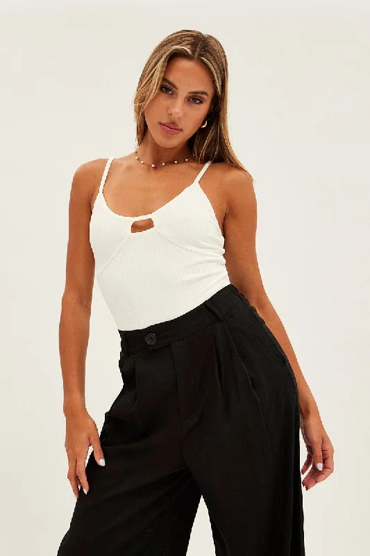 Women's Outfit For The Office White Rib Bodysuit Keyhole Detail