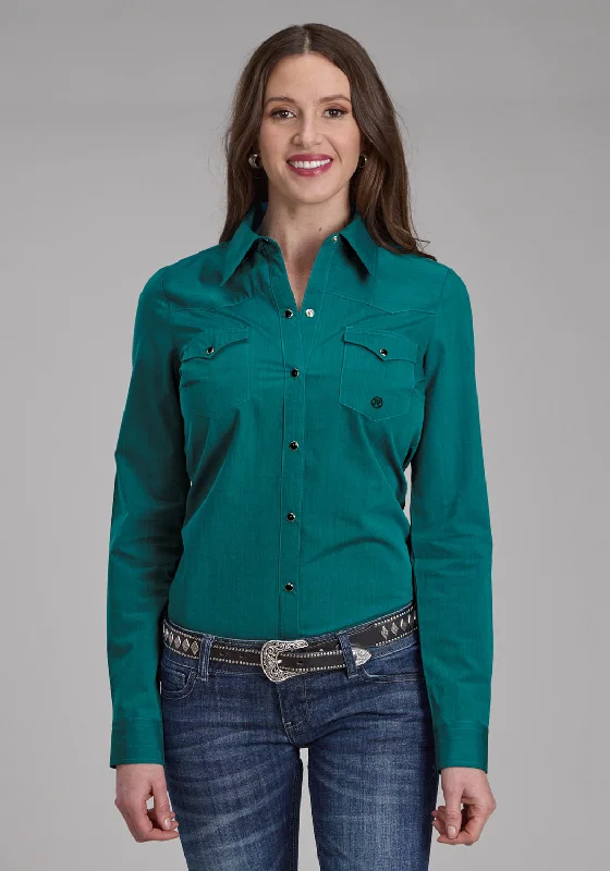 Charming Women's Holiday Apparel Roper Womens Fill Solid Poplin Teal 100% Cotton L/S Shirt