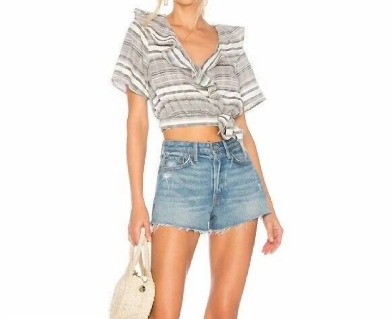 Women's Holiday Apparel Selma Wrap Striped Ruffle Short Sleeve Crop Top In Grey, White
