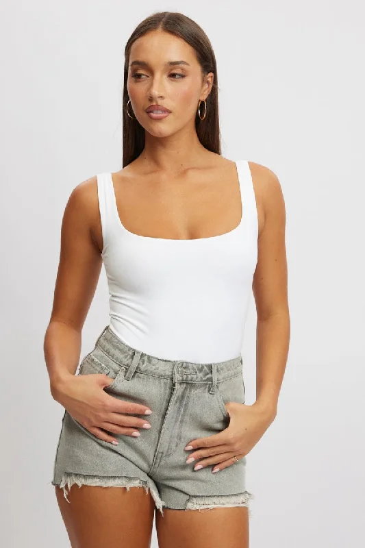 Women's Casual Attire White Square Neck Bodysuit Supersoft