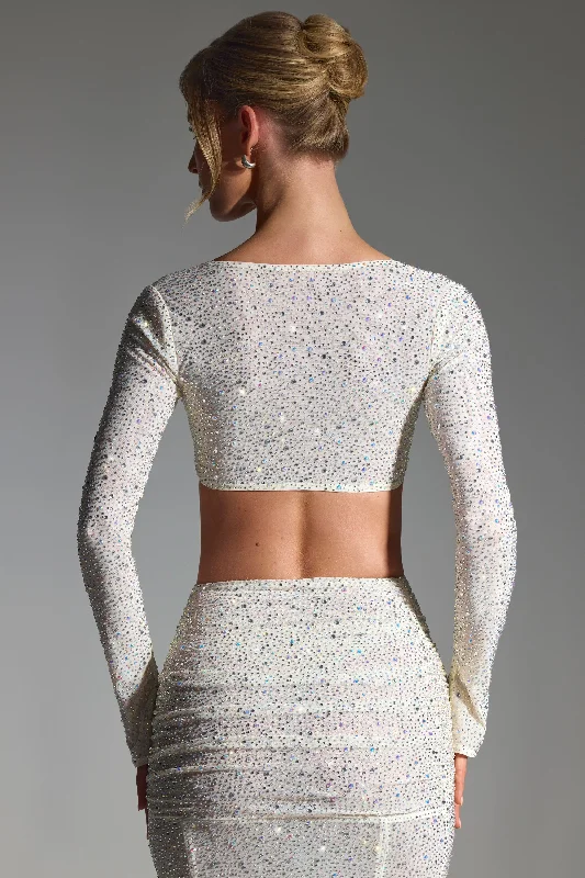 Chic Casual Style Embellished Long-Sleeve Crop Top in White