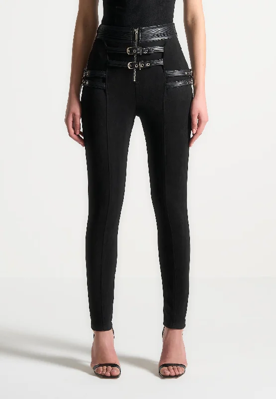 Women's Elegant Outfit Suede Buckle Detail Leggings - Black