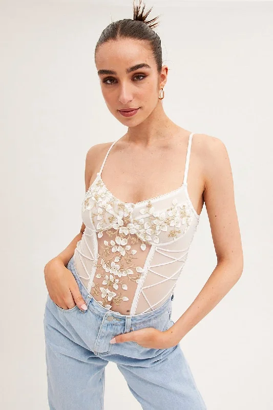 Comfortable Outfit For Women White Appliques Mesh Lace One Piece Teddy Bodysuit