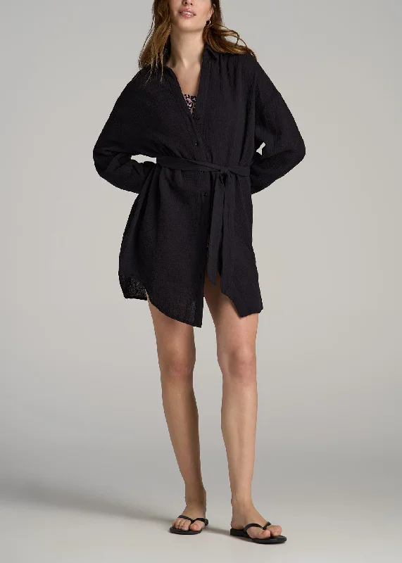 Relaxed Style Gauze Shirt Dress for Tall Women in Black