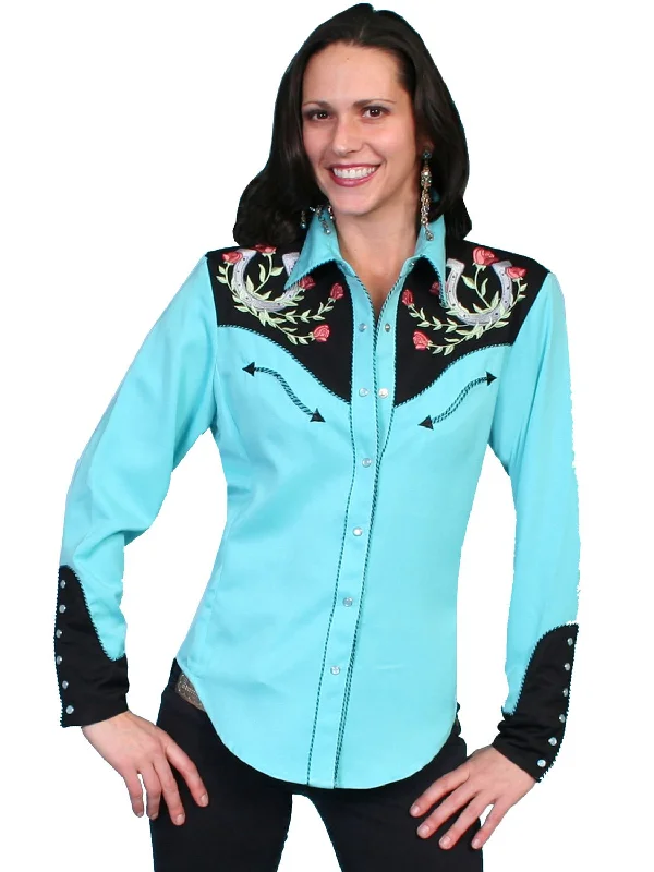 Relaxed Fit Women's Fashion Scully Western Womens Turquoise Polyester L/S Horseshoe Western Shirt