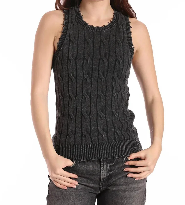 Unique Women's Fashion Pieces Stone Wash Distressed Cable Tank Top In Black