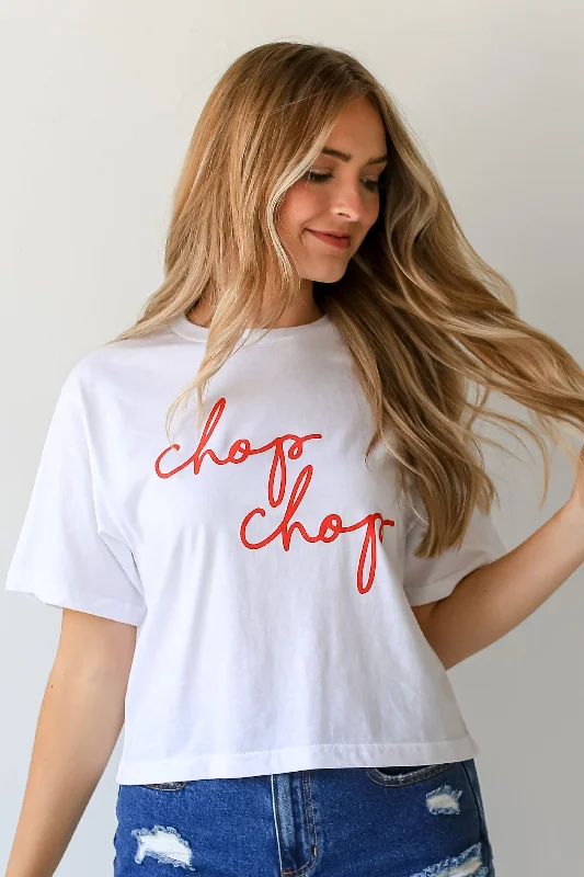 Evening Elegance White Chop Chop Script Cropped Tee