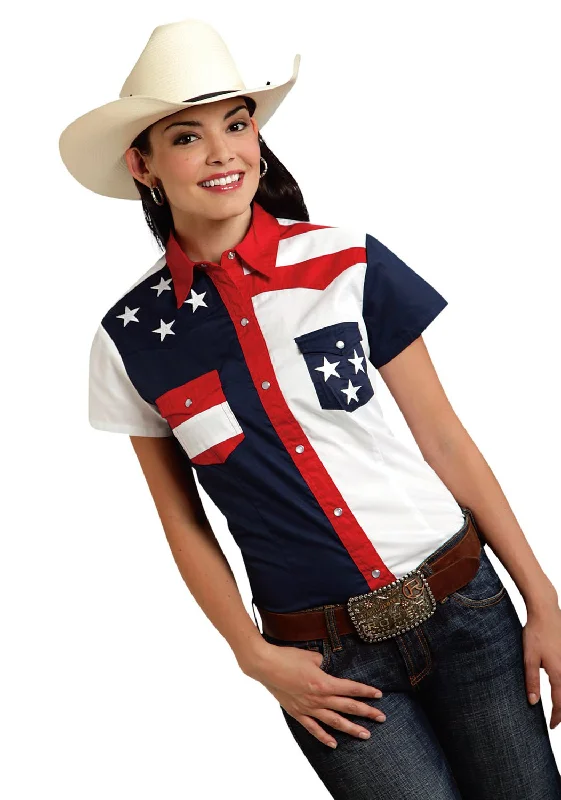 Sales For Clothes Roper Americana Ladies Blue 100% Cotton Colorblock S/S Flag Western Shirt