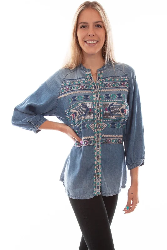 Women's Holiday Attire Scully Womens Denim Tencel Aztec Western S/S Blouse