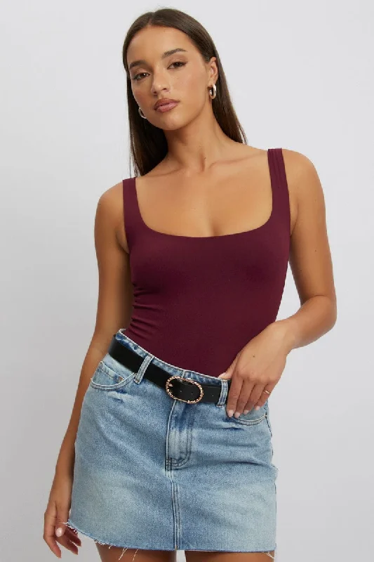 Women's Professional Attire Red Square Neck Bodysuit Supersoft