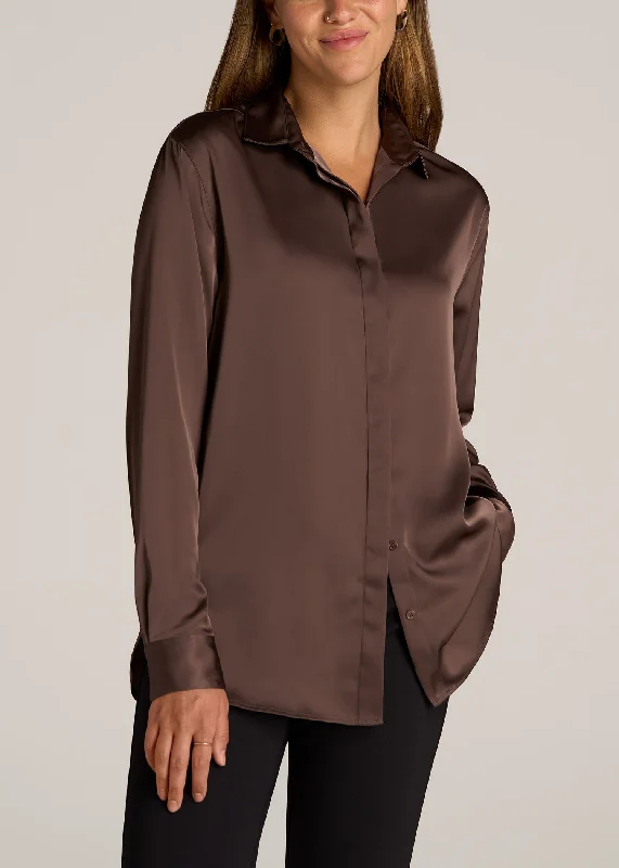 Laid-Back Elegance Relaxed Button Up Tall Women's Blouse in Chocolate Mocha