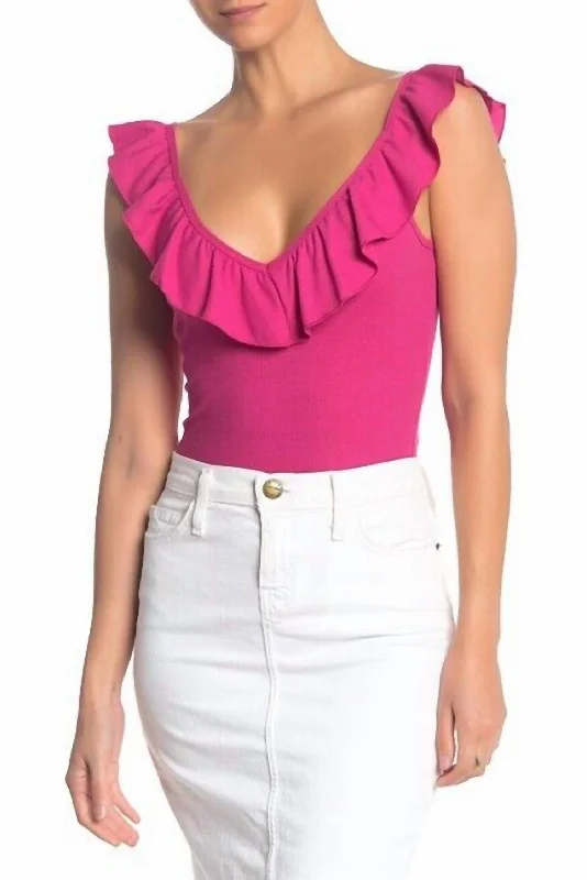 Women's Resort Attire Rib Ruffle Sleeveless V Neck Bodysuit In Pink