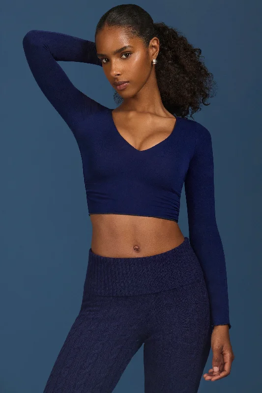 Trendy Fashion For Women Ruched Long-Sleeve Crop Top in Navy