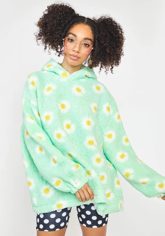 Women's Floral Print Outfit Mint Green Daisy Sherpa Hoodie