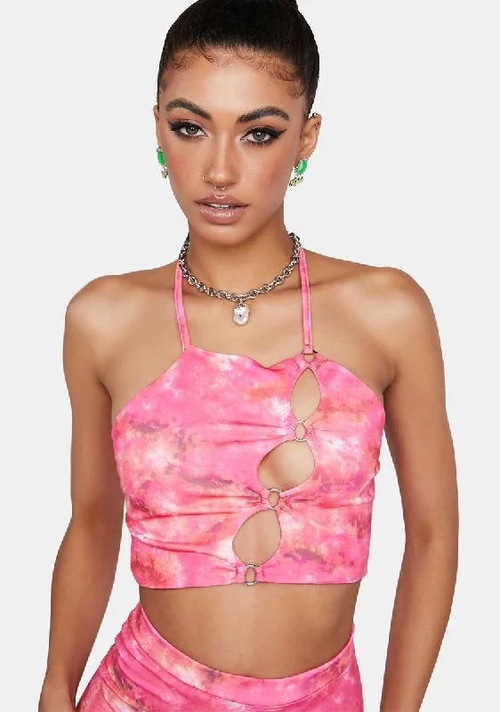 Trendy Outfits For Girls Pink Tie Dye Strappy Crop Top