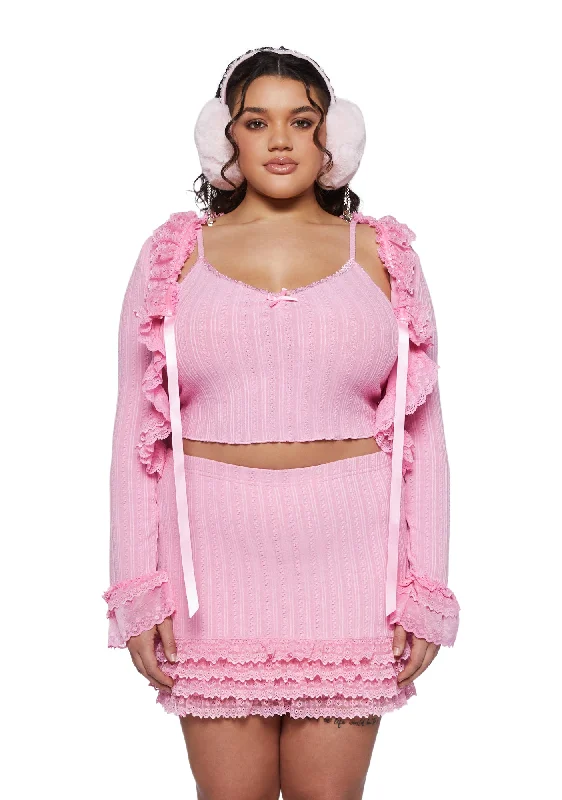 Unique Women's Fashion Pieces Plus Mistletoe Moves Cardigan Set - Pink