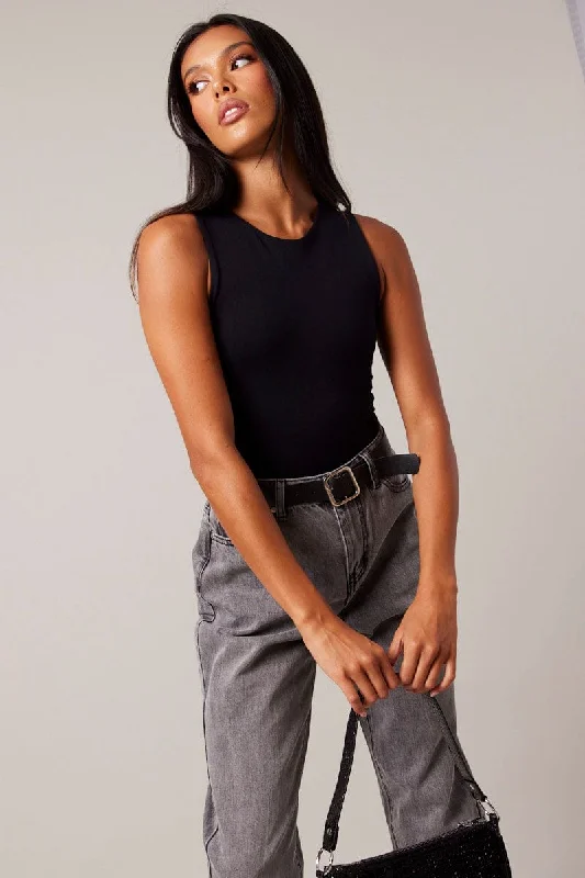 Charming Women's Outfit For Special Occasions Black Bodysuit Sleeveless Crew Neck Seamless