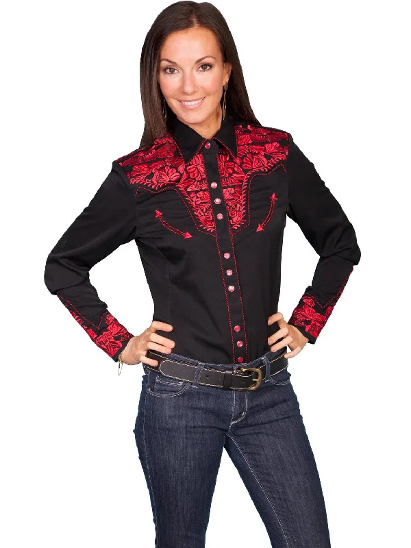 Affordable Women's Fashion Scully Western Womens Crimson Polyester L/S Floral Stitch Western Shirt