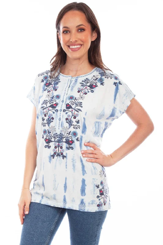 Versatile Outfits Scully Womens Light Blue Viscose Tie-Dyed Vines S/S Blouse