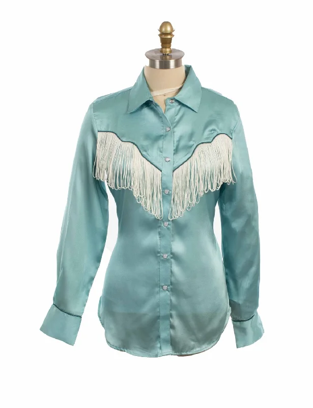 Casual Garments For Women Scully Womens Retro Snap Fringe Turquoise 100% Polyester L/S Blouse