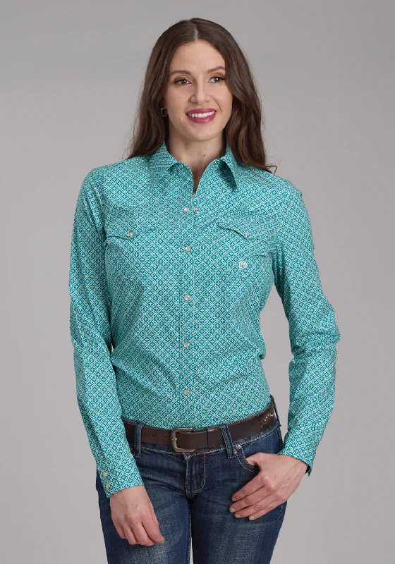 Women's Clothes And Apparel Roper Womens Four Point Foulard Turquoise Cotton Blend L/S Shirt