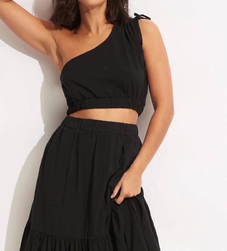 City Fashion One Shoulder Crop Top In Knit  Black