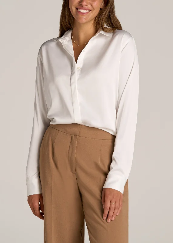 Versatile Outfits Relaxed Button Up Tall Women's Blouse in Pearl White